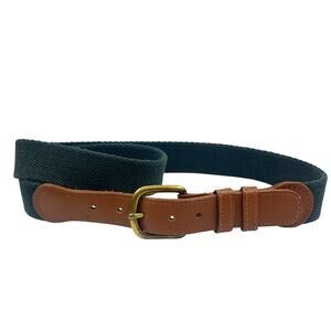 VINTAGE MENS BUXTON GREEN CANVAS & SADDLE BROWN LEATHER BELT 36 PREPPY CLASSIC